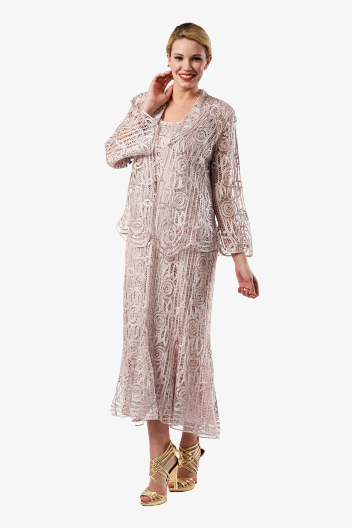 Soulmates C1068 Beaded Silk Lace Evening Jacket with Godet Dress Set