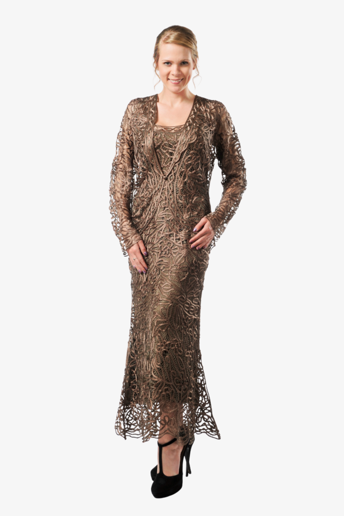Soulmates C715 Embroidered Silk Handmade Lace Evening Dress with Jacket Set