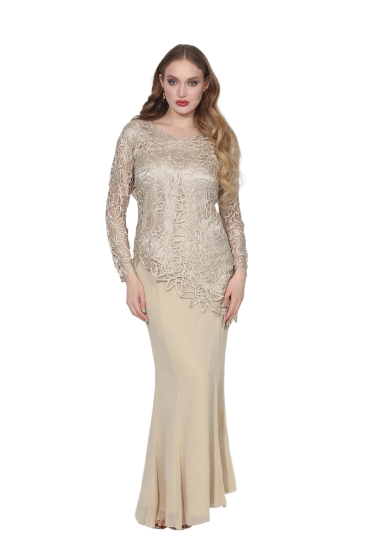 Soulmates C805809 Asymmetrical Hand Crocheted Silk Lace Tunic Top with Skirt Set