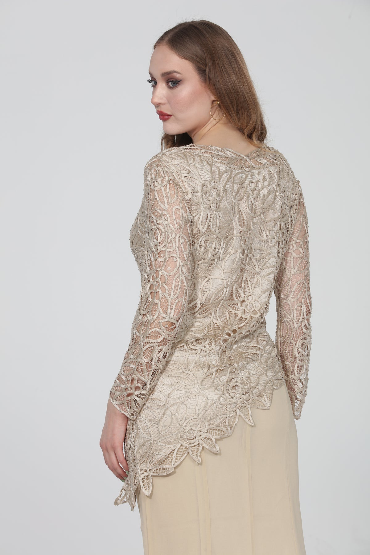 Soulmates C805809 Asymmetrical Hand Crocheted Silk Lace Tunic Top with Skirt Set
