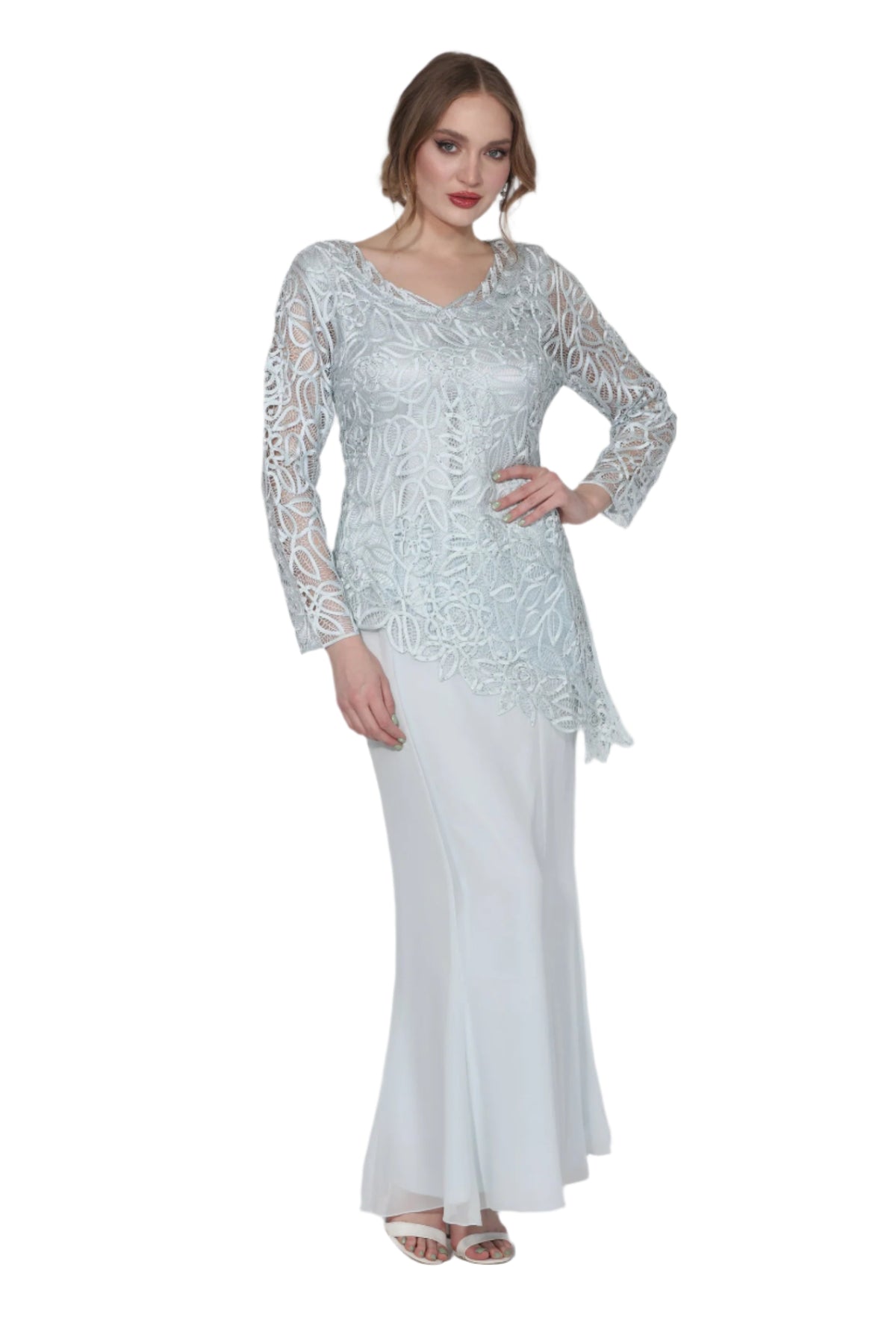 Soulmates C805809 Asymmetrical Hand Crocheted Silk Lace Tunic Top with Skirt Set