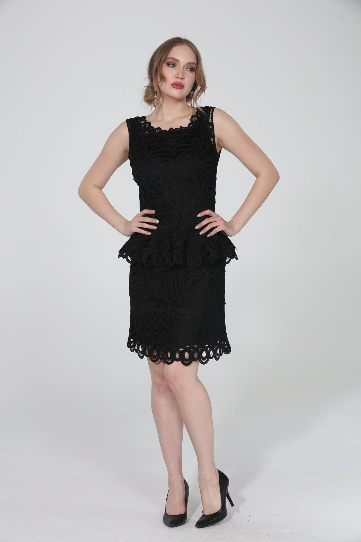 Soulmates D1314 Lace Classic Peplum Top with Knee Length Skirt Set