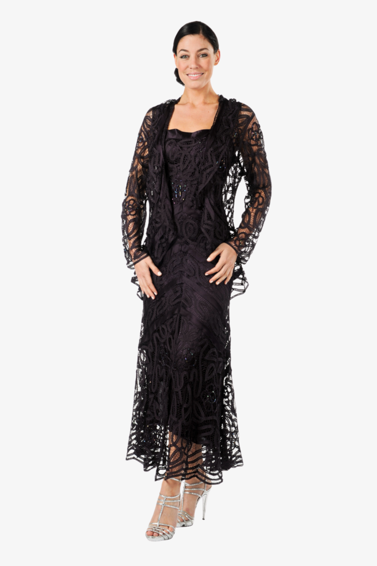 Soulmates D7069 Hand Crocheted Beaded Split Dress with Jacket Set