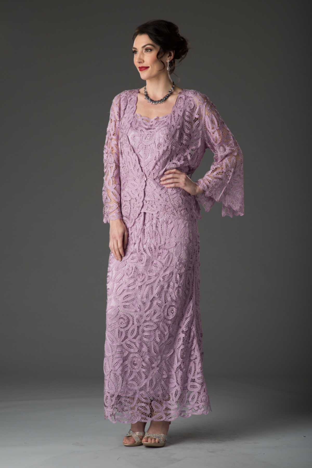 Soulmates D7107 Hand Crocheted 3/4 Bell-Sleeve Jacket Top and Skirt Set