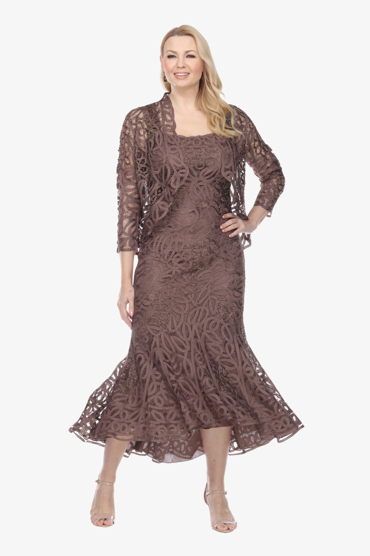 Soulmates D9120 Hand Crocheted Evening High-Low Dress with Jacket Set