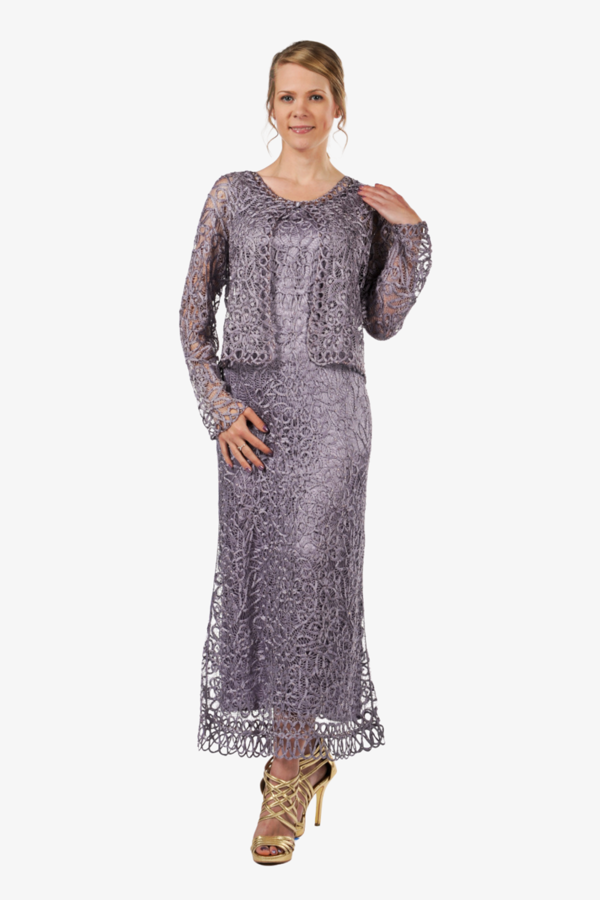 Soulmates C12016 Beaded Silk Lace 2-Piece Maxi Dress - Lavender