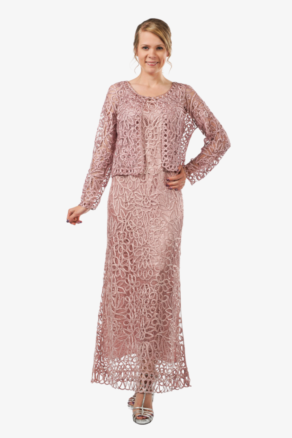 Soulmates C12016 Beaded Silk Lace 2-Piece Maxi Dress - Mauve