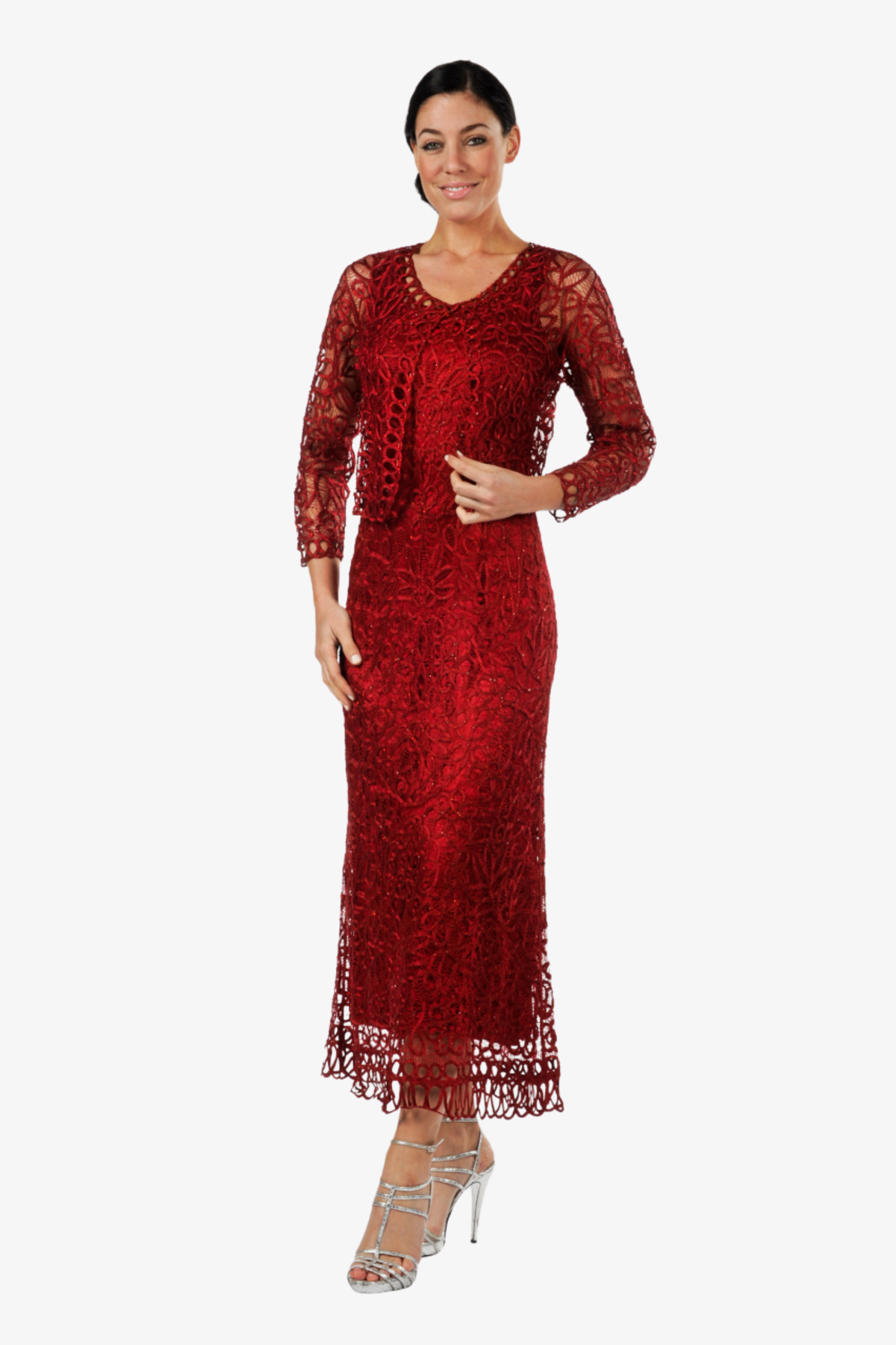 Soulmates C12016 Beaded Silk Lace 2-Piece Maxi Dress - Merlot