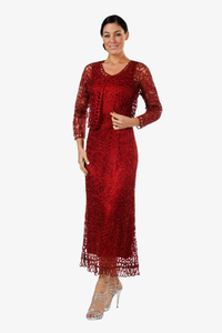 Soulmates C12016 Beaded Silk Lace 2-Piece Maxi Dress - Merlot