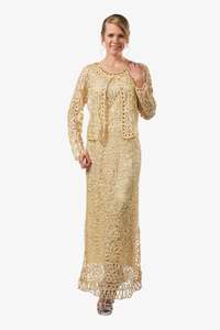 Soulmates C12016 Beaded Silk Lace 2-Piece Maxi Dress Plus Size - Light Gold