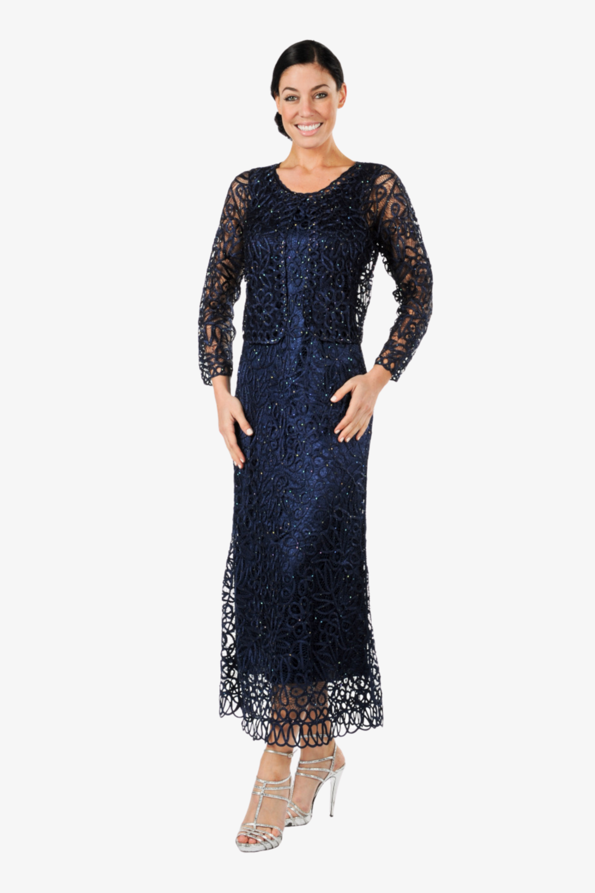 Soulmates C12016 Beaded Silk Lace 2-Piece Maxi Dress Plus Size - Navy