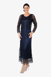 Soulmates C12016 Beaded Silk Lace 2-Piece Maxi Dress Plus Size - Navy