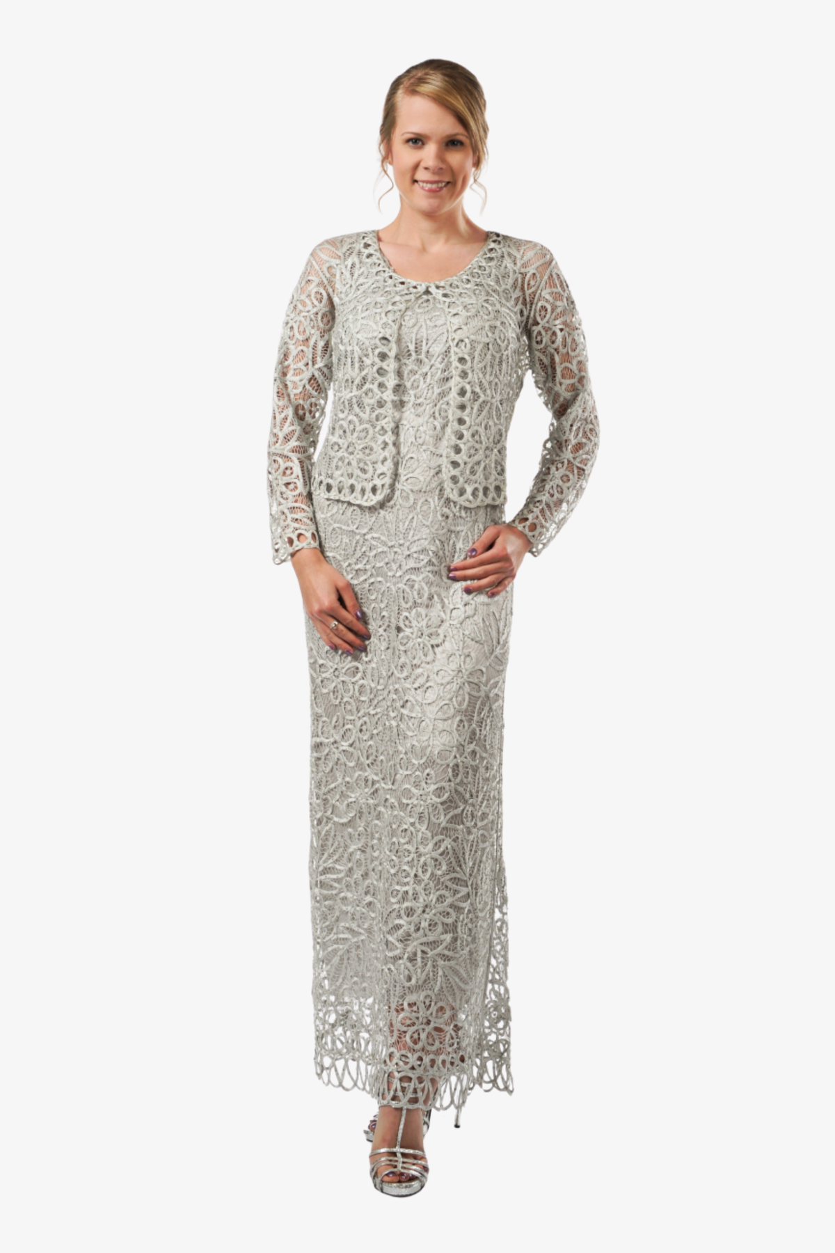 Soulmates C12016 Beaded Silk Lace 2-Piece Maxi Dress Plus Size - Silver