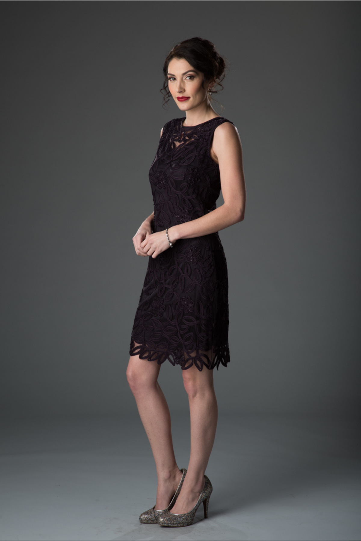 Soulmates 1612 Soutache Lace Sequin Boatneck Sheath Dress