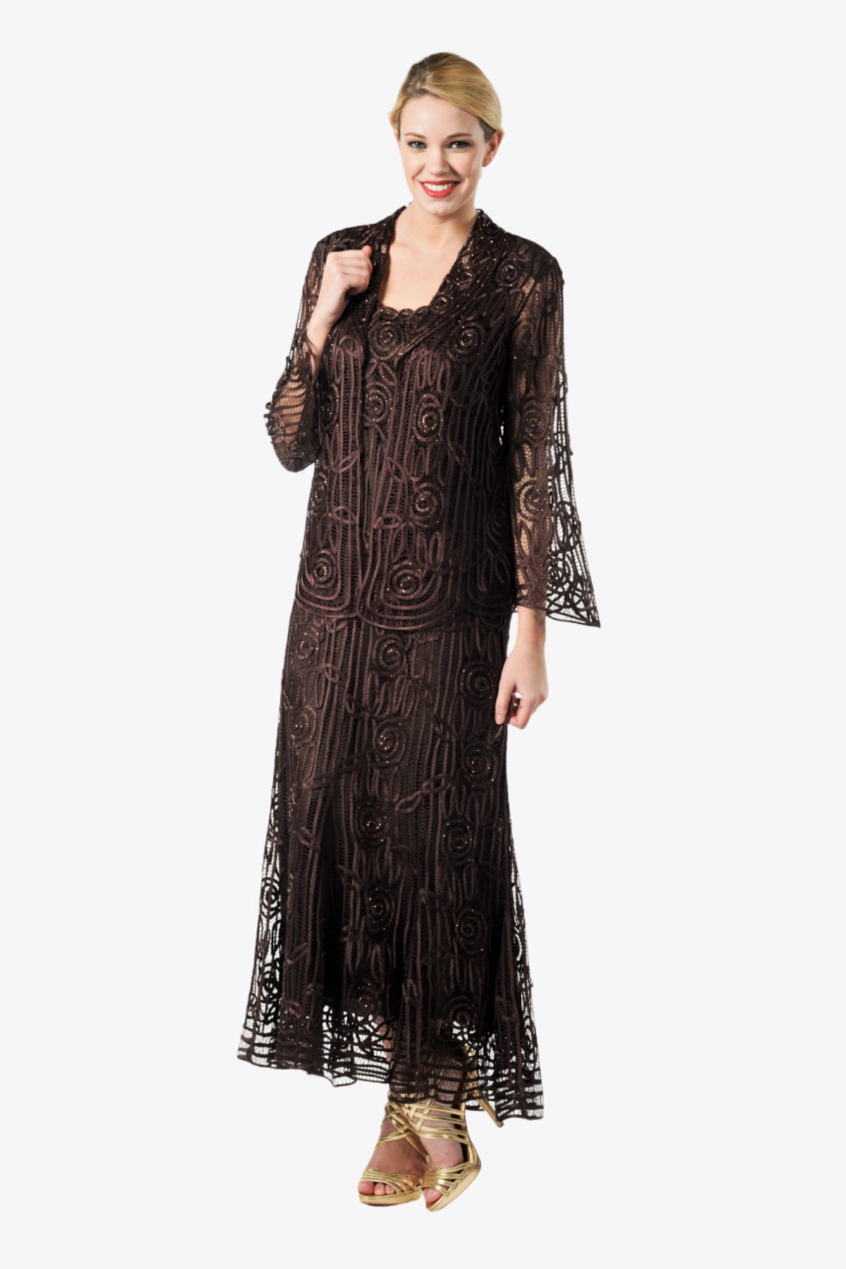 Soulmates C1068 Beaded Silk Lace Evening Jacket with Godet Dress Set