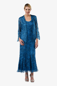 Soulmates C1068 Beaded Silk Lace Evening Jacket with Godet Dress Set