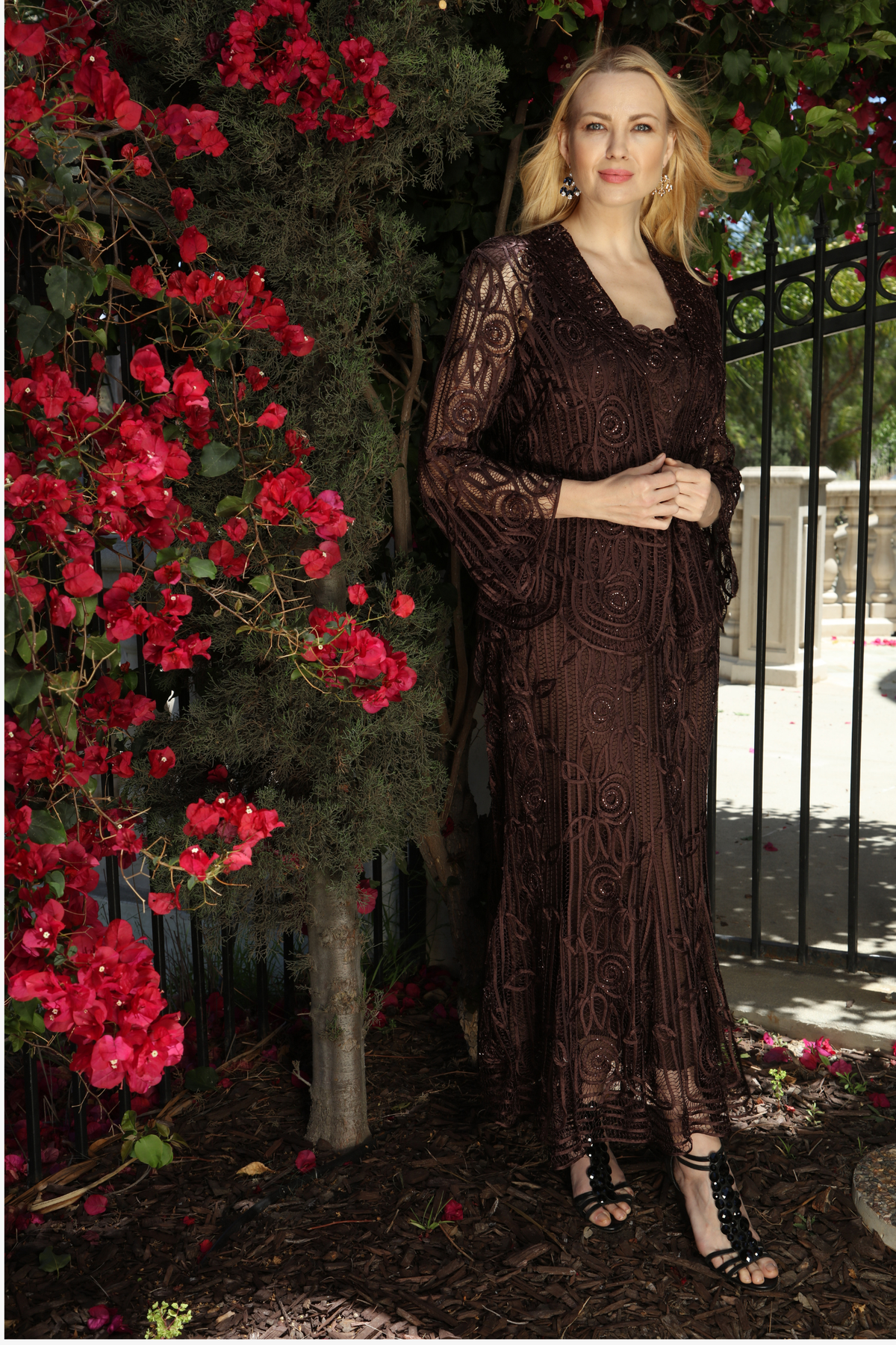 Soulmates C1068 Beaded Silk Lace Evening Jacket with Godet Dress Set