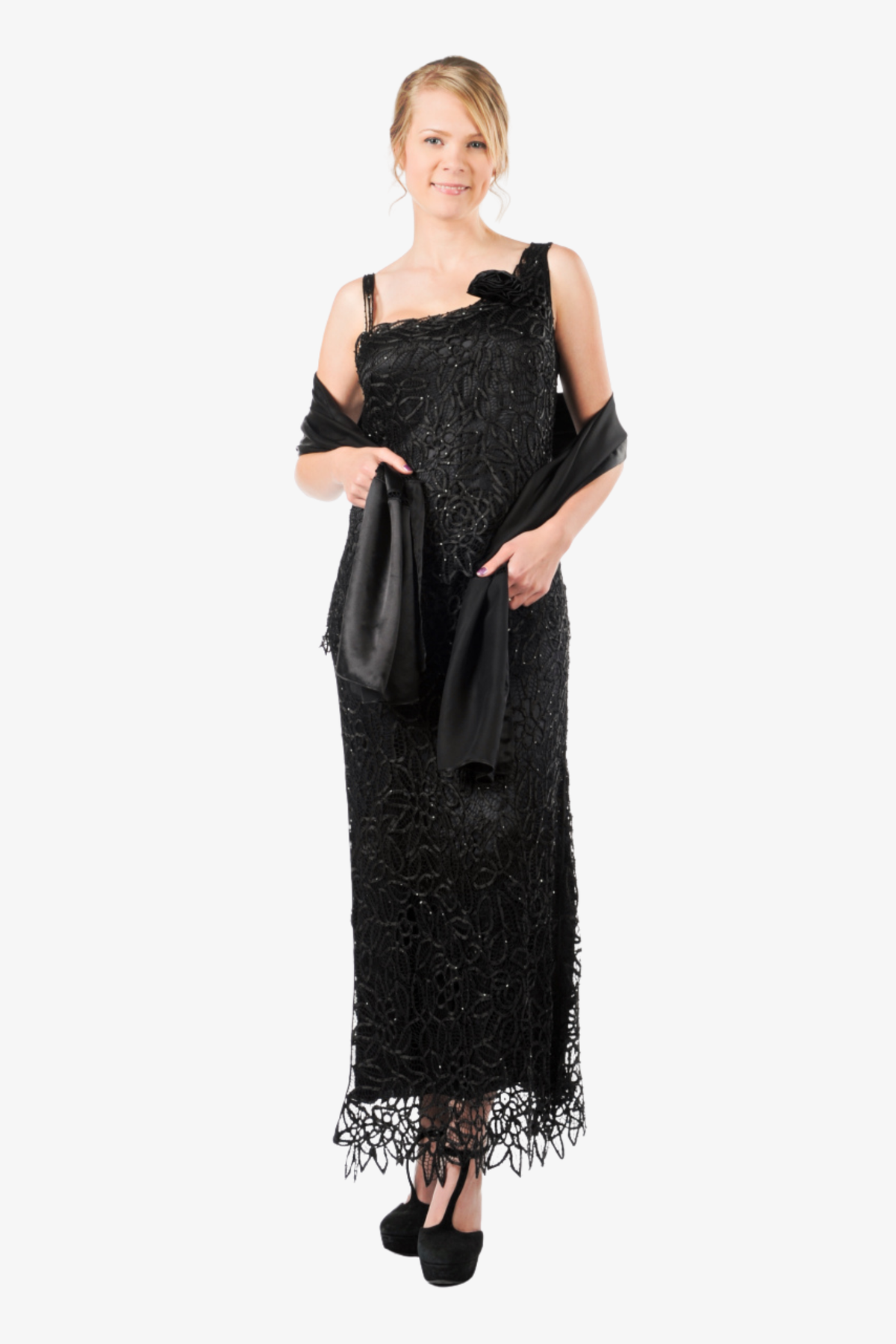 Soulmates C701 Hand Crocheted Lace Silk Sequin Evening Dress with Scarf