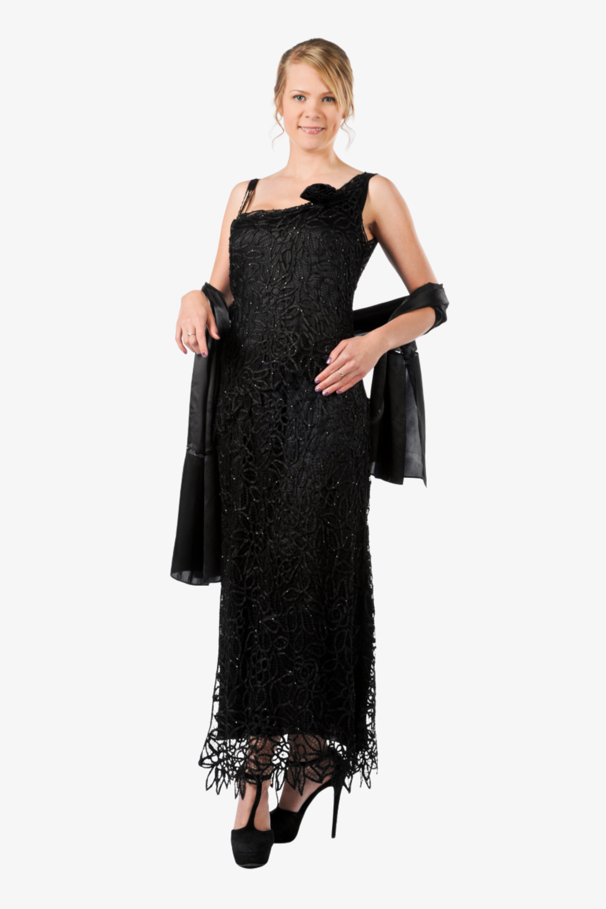 Soulmates C701 Hand Crocheted Lace Silk Sequin Evening Dress with Scarf