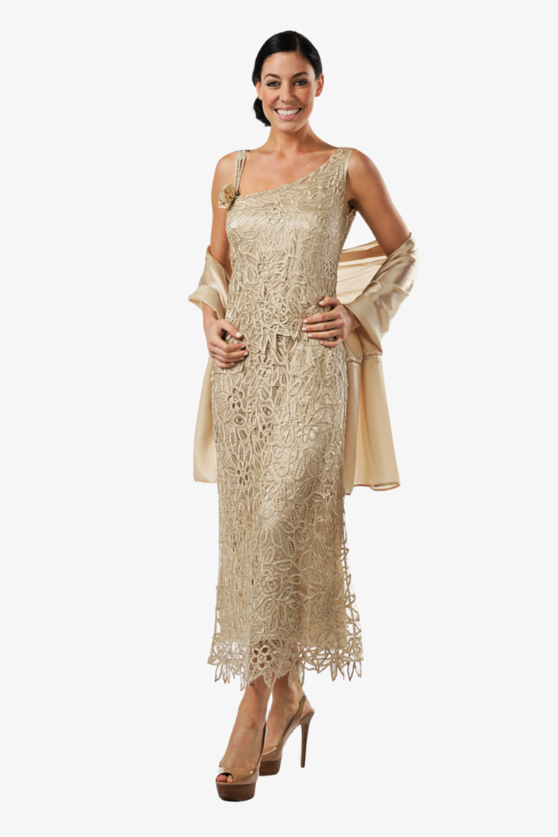 Soulmates C701 Hand Crocheted Lace Silk Sequin Evening Dress with Scarf