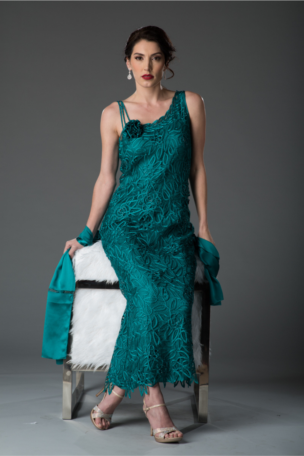 Soulmates C701 Hand Crocheted Lace Silk Sequin Evening Dress with Scarf