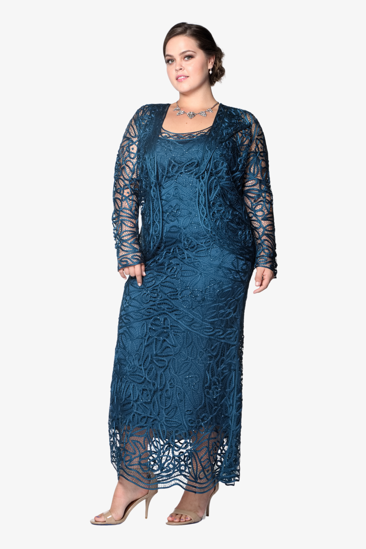 Soulmates C715 Embroidered Silk Lace Evening Dress with Jacket Set