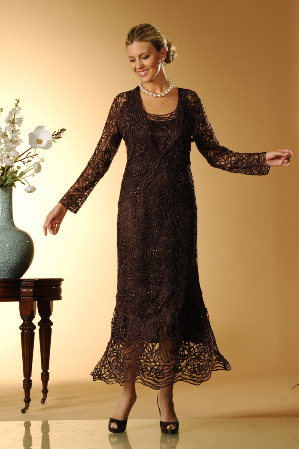 Soulmates C715 Embroidered Silk Lace Evening Dress with Jacket Set