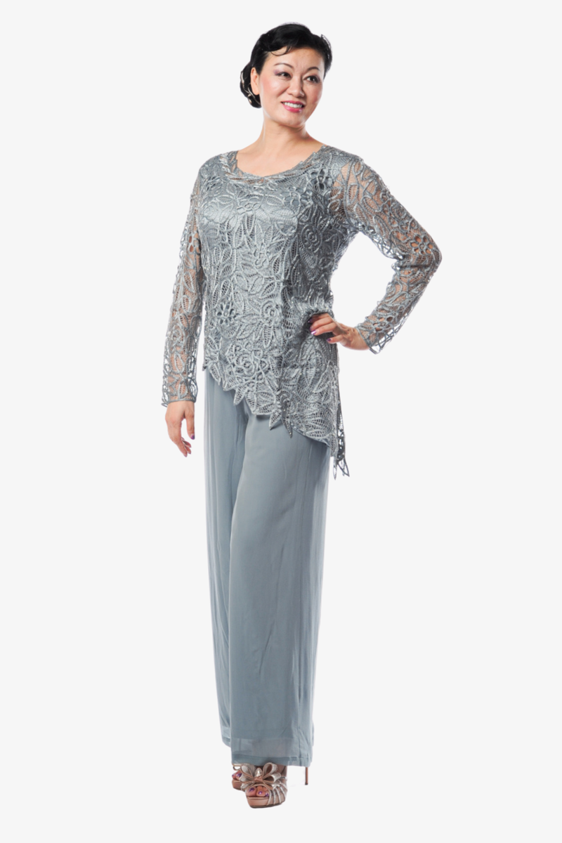 Soulmates C805803 Asymmetrical Hand Crocheted Silk Lace Tunic Top with Pants Set