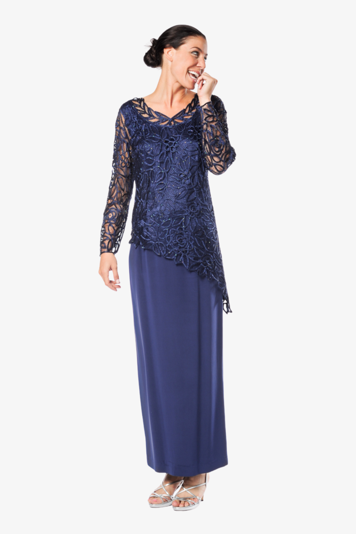 Soulmates C805850 Asymmetrical Tunic Top with Straight Back Slit Long Skirt Set