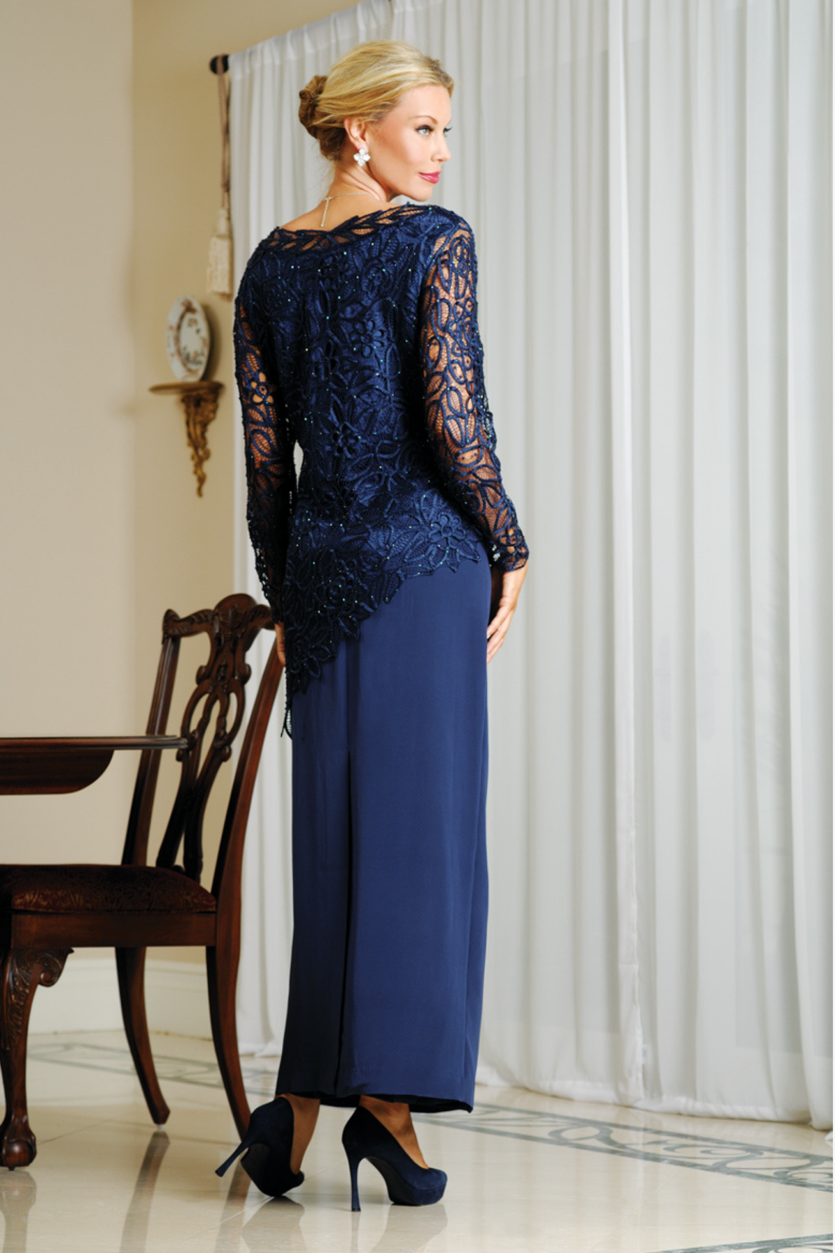 Soulmates C805850 Asymmetrical Tunic Top with Straight Back Slit Long Skirt Set