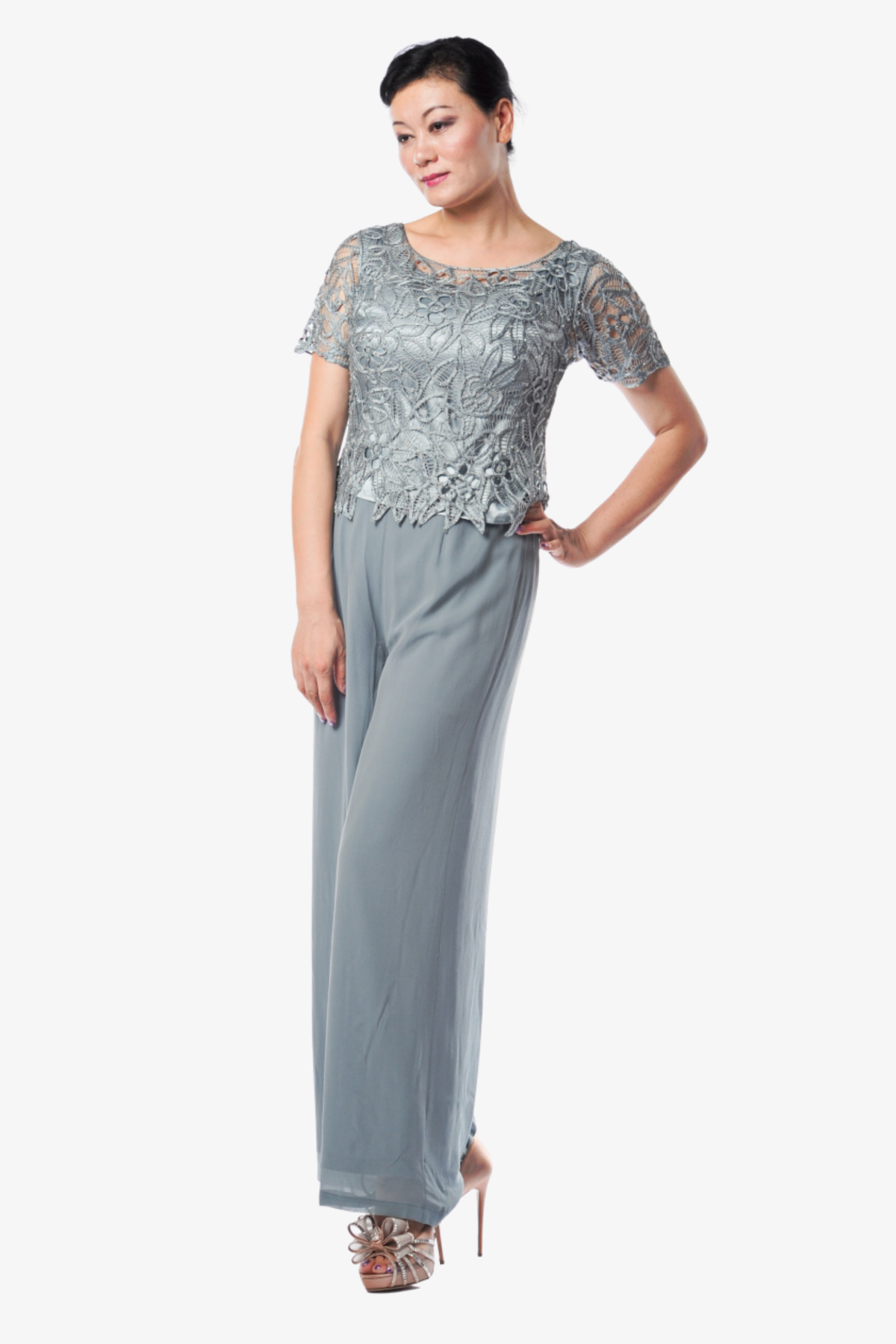 Soulmates C80603 Silk Beaded Short Sleeve Top With Pants Set