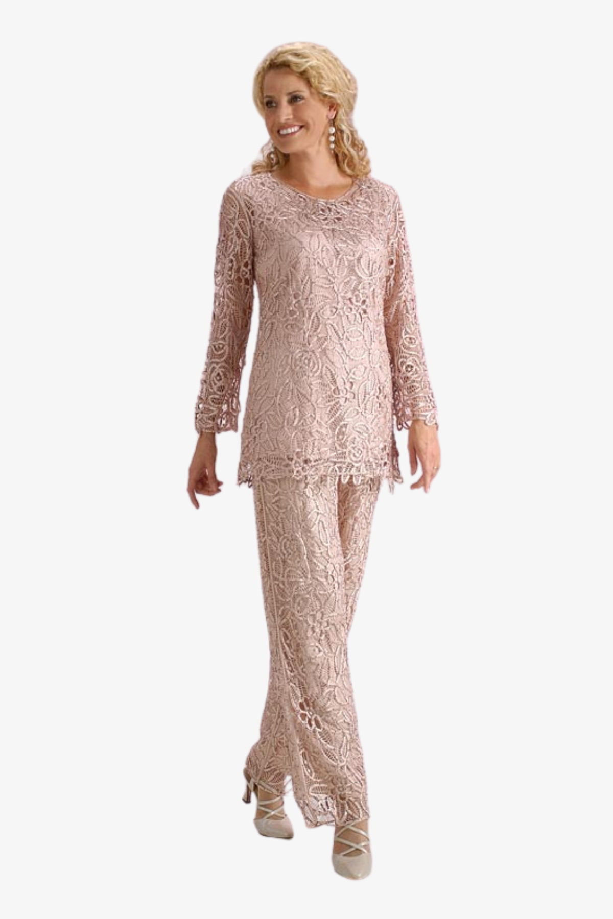 Soulmates C80783 Crocheted Lace Beaded Tunic Top with Pants Set