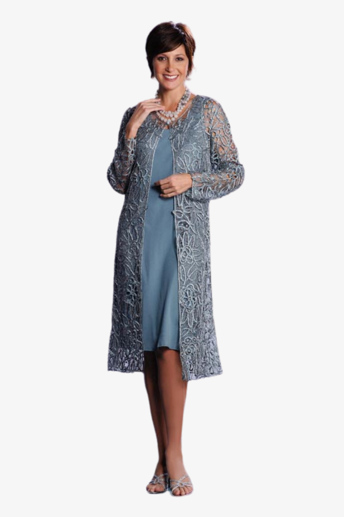 Soulmates C88001 Lace Knee Length Duster with Dress Set