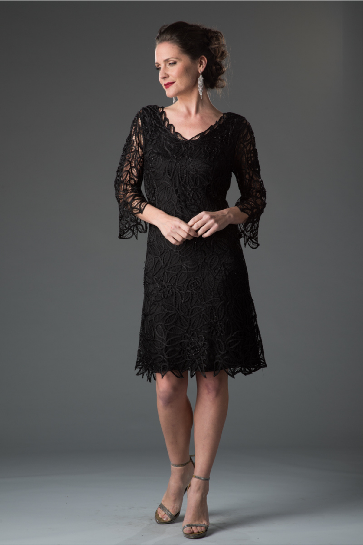 Soulmates C903 Hand Crocheted Lace V-Neck 3/4 Bell-Sleeve Dress