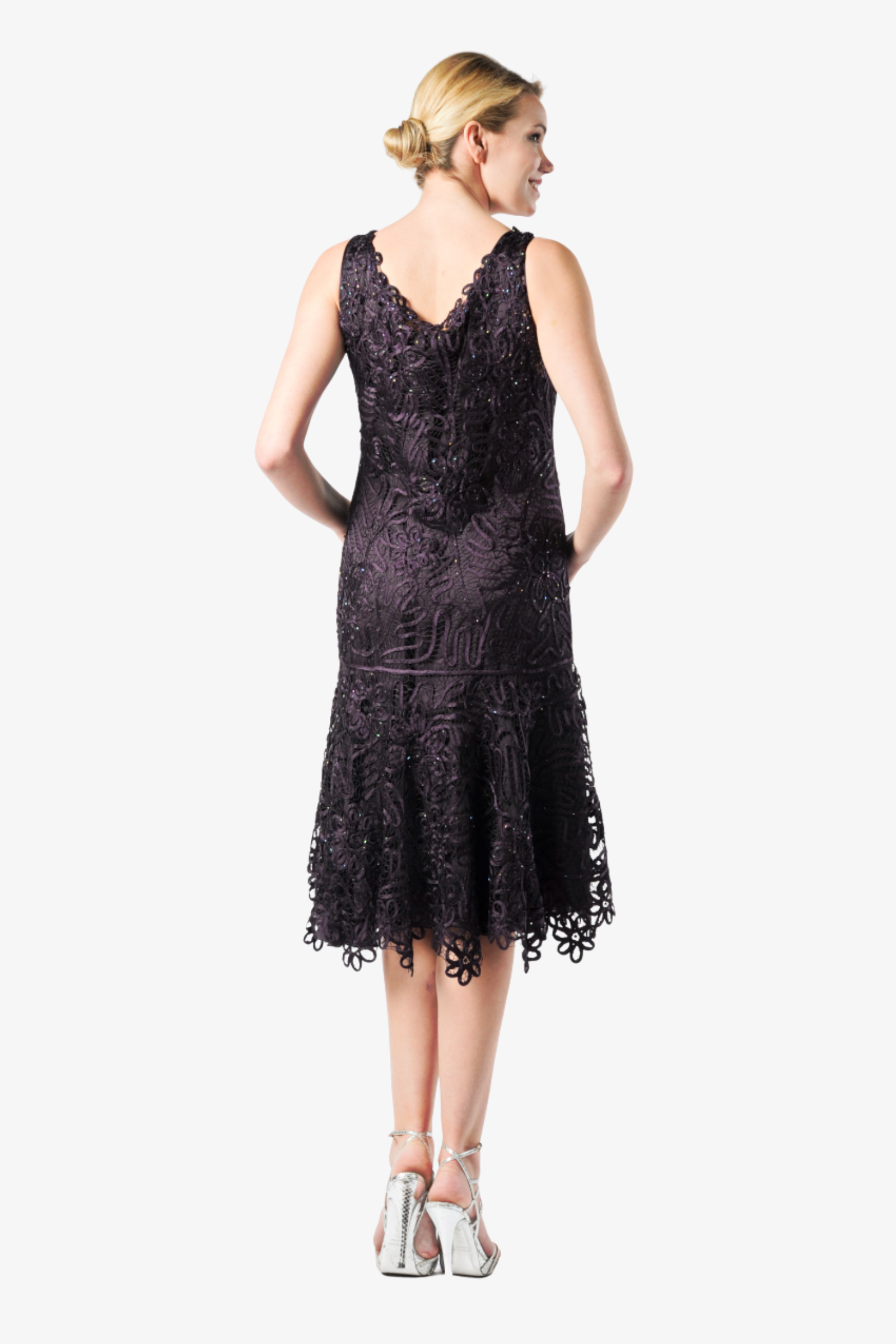 Soulmates C9126 Silk Beaded Tea Length Dress with Bolero Jacket Set Aubergine 3X