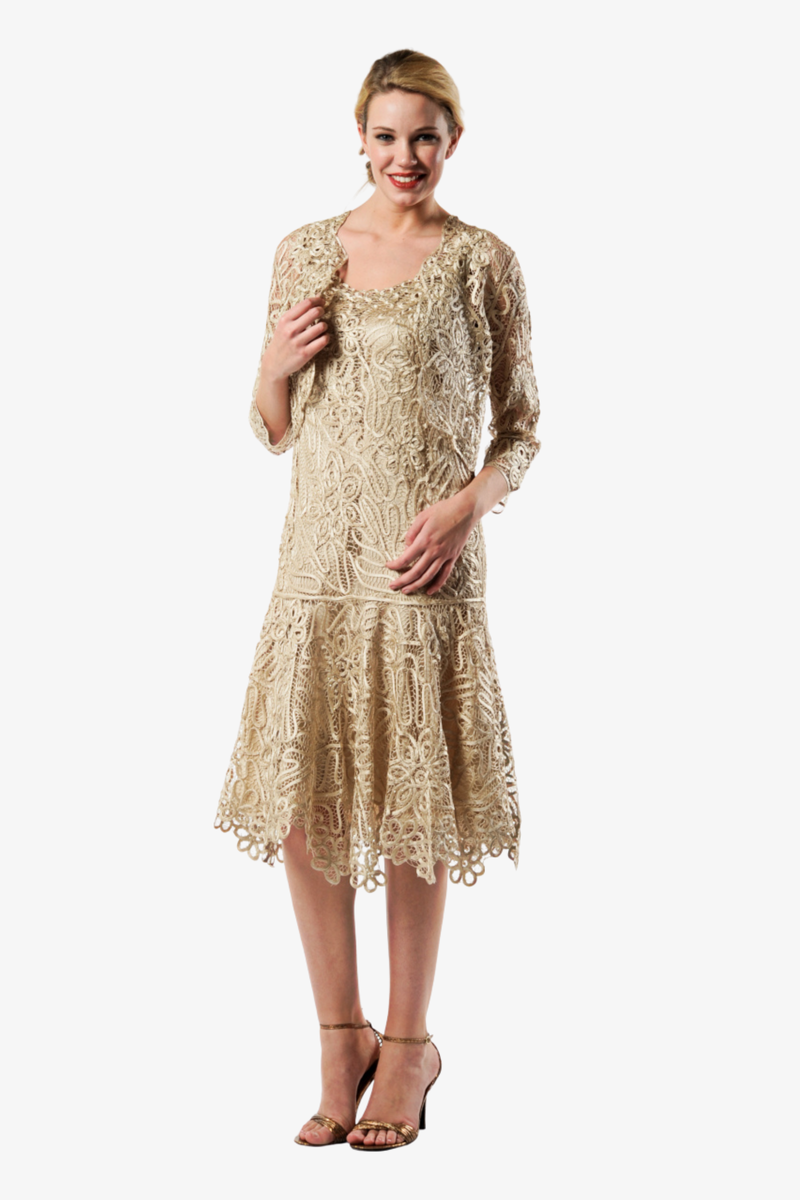 Soulmates C9126 Silk Beaded Tea Length Dress with Bolero Jacket Set (Capsule2), Champagne / L Soulmates C9126 Silk Beaded Tea Length Dress with Bolero Jacket Set (Capsule2), Champagne / L