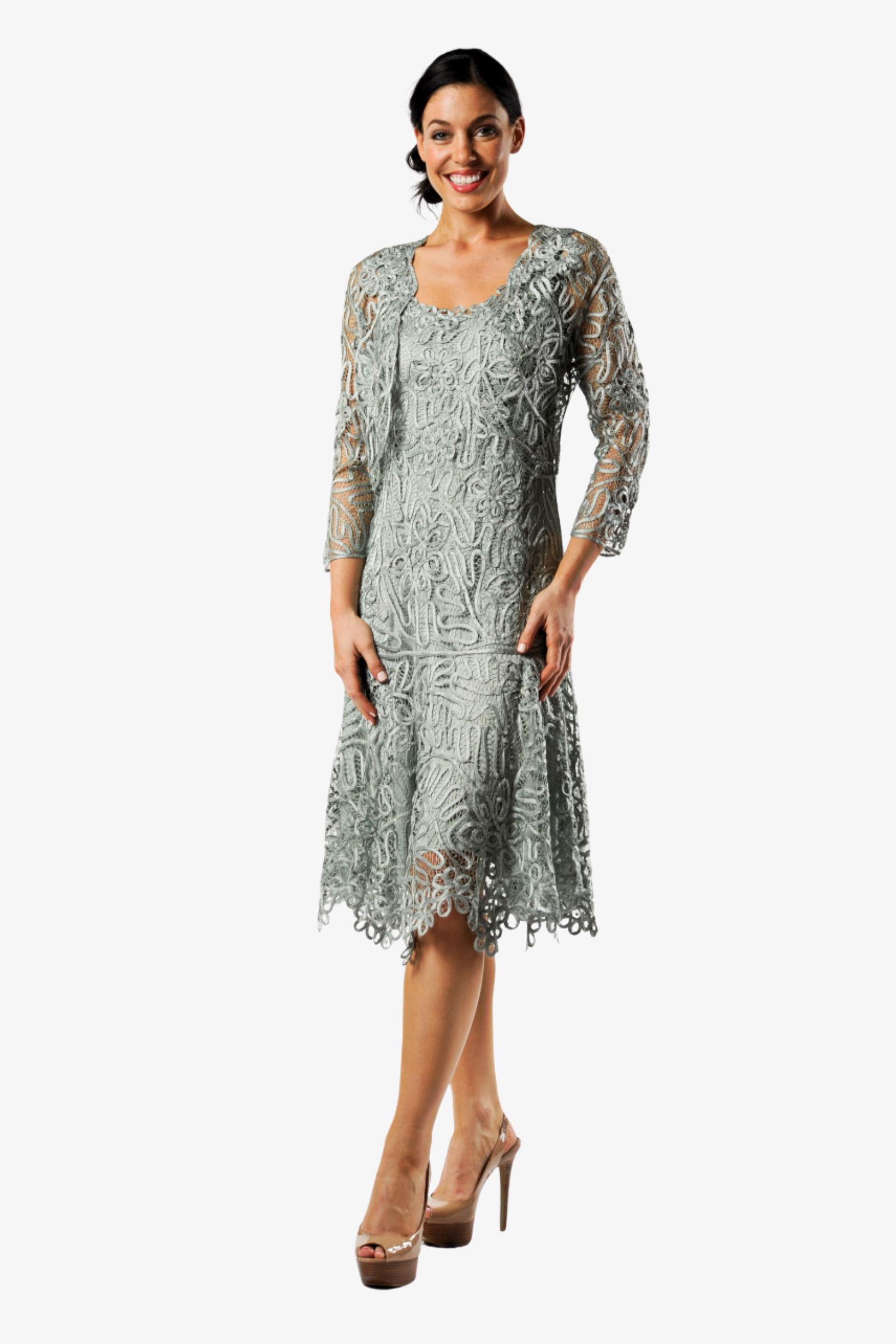 Soulmates C9126 Silk Beaded Tea Length Dress with Bolero Jacket Set (Capsule2), Sage / 2X