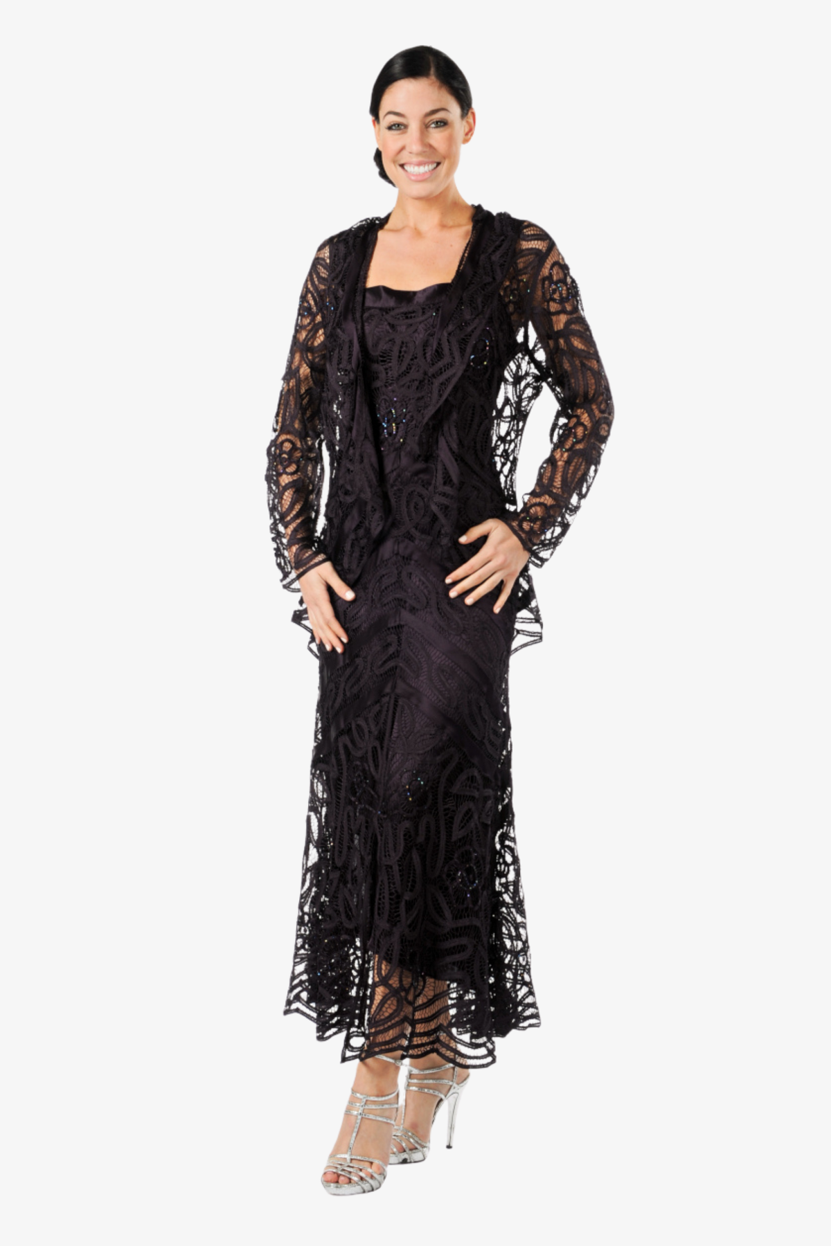 Soulmates D7069 Hand Crocheted Beaded Split Dress with Jacket Set