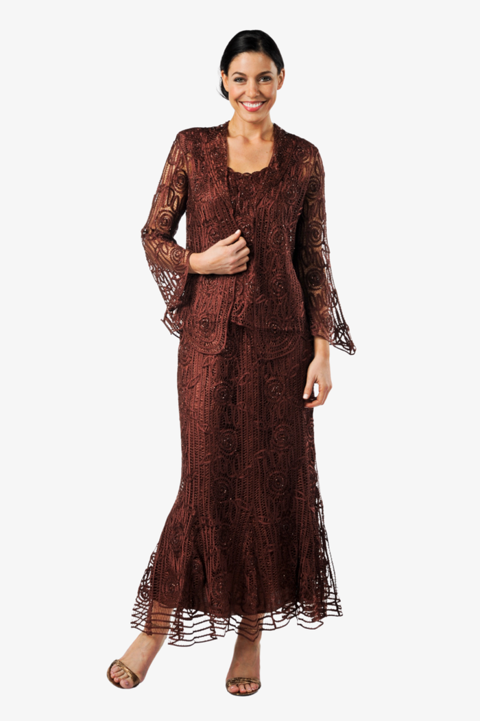 Soulmates C1067 Beaded Silk Lace 3-Piece Maxi Dress - Rust