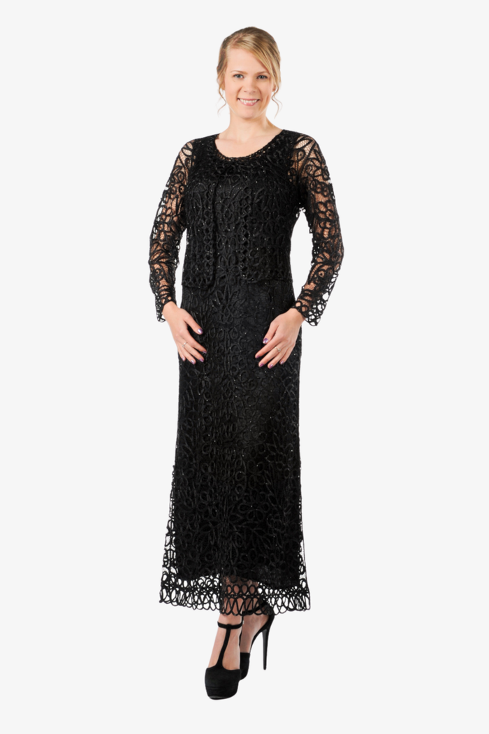 Soulmates C12016 Beaded Silk Lace 2-Piece Maxi Dress - Black