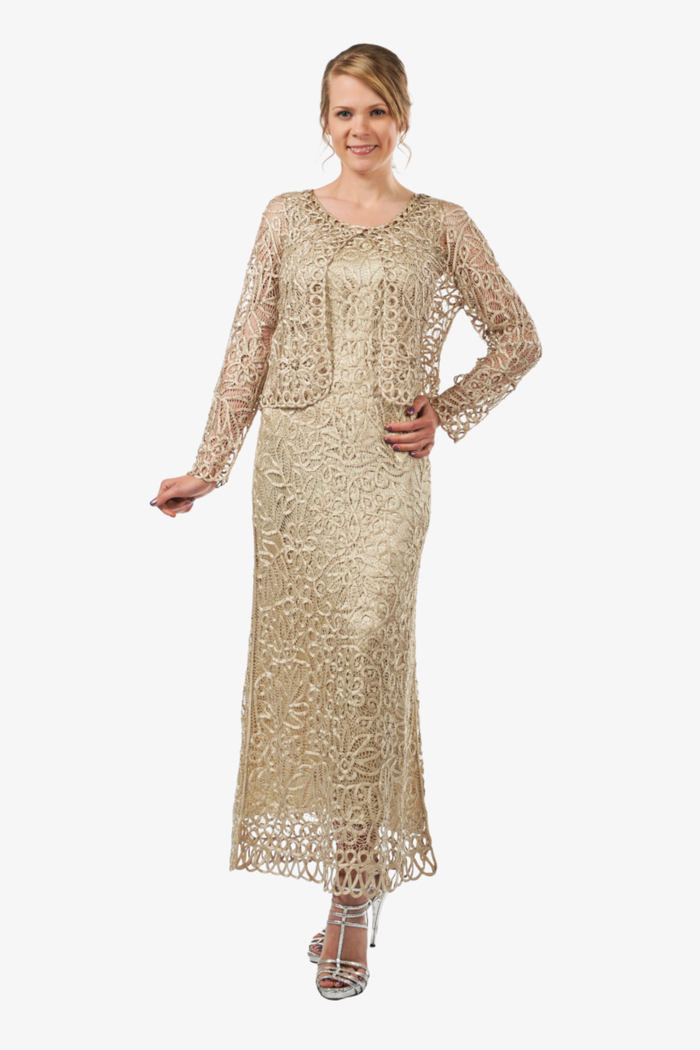 Soulmates C12016 Beaded Silk Lace 2-Piece Maxi Dress - Champagne