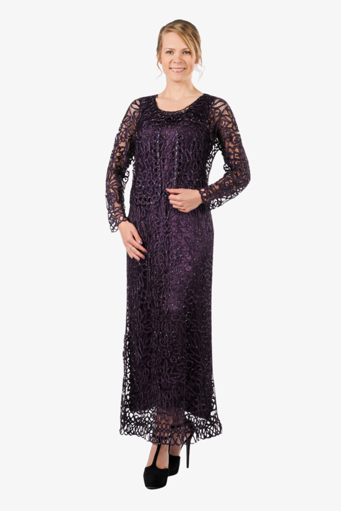 Soulmates C12016 Beaded Silk Lace 2-Piece Maxi Dress - Eggplant