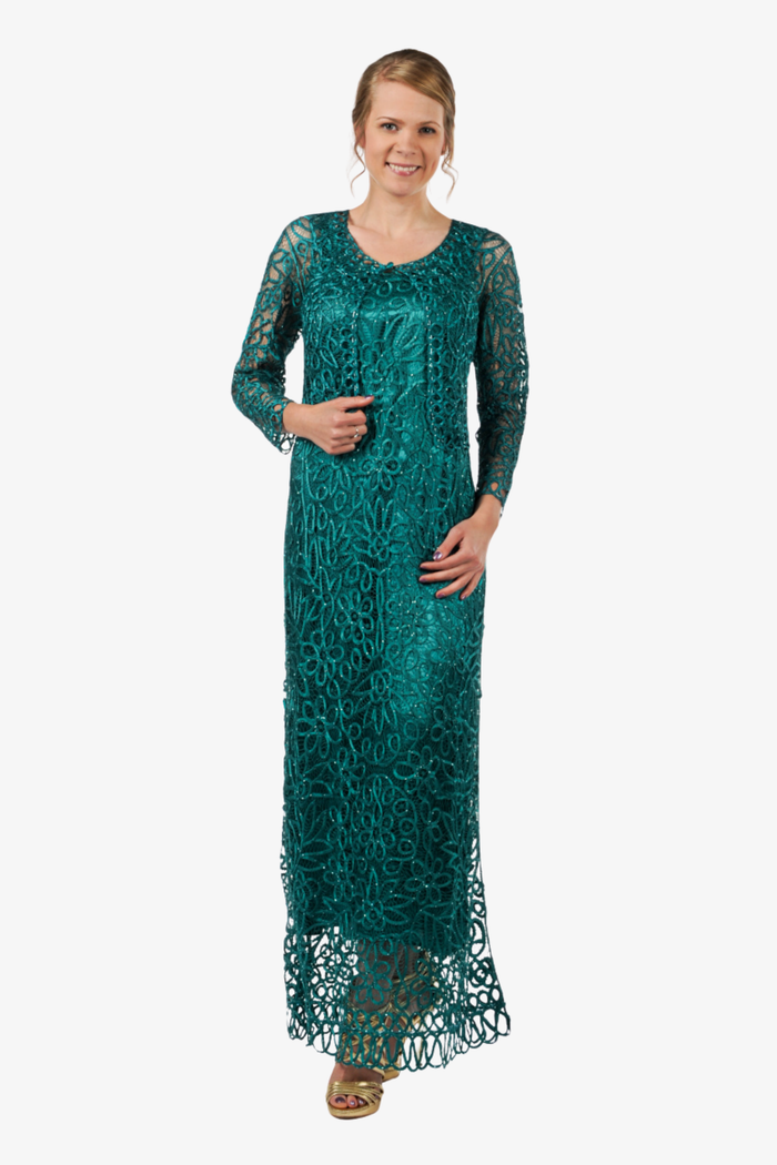 Soulmates C12016 Beaded Silk Lace 2-Piece Maxi Dress - Jade