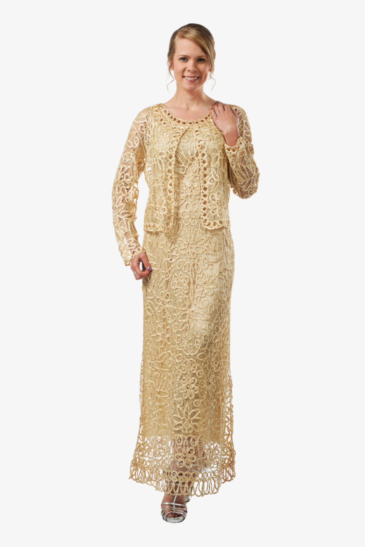 Soulmates C12016 Beaded Silk Lace 2-Piece Maxi Dress - Light Gold