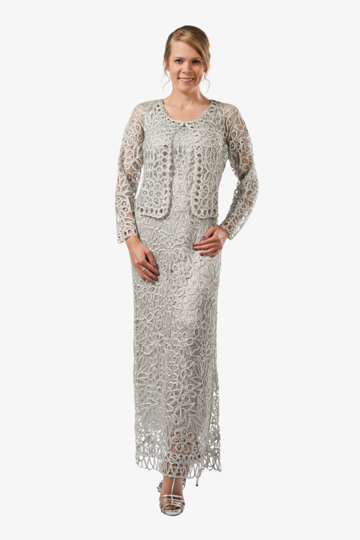 Soulmates C12016 Beaded Silk Lace 2-Piece Maxi Dress - Silver
