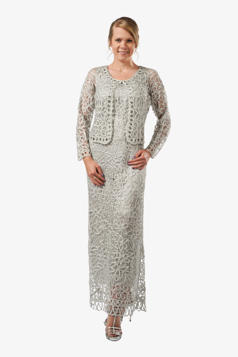 Soulmates C12016 Beaded Silk Lace 2-Piece Maxi Dress - Silver