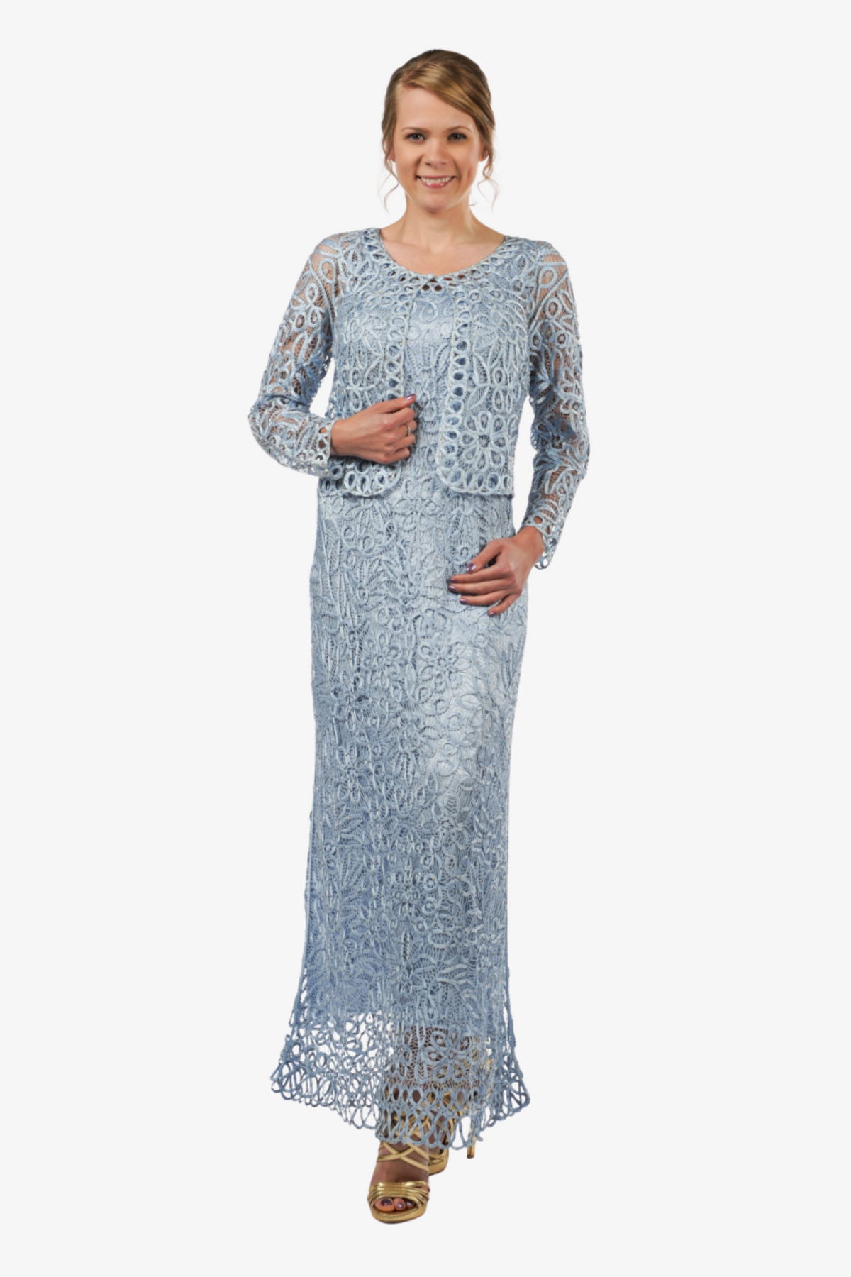 Soulmates C12016 Beaded Silk Lace 2-Piece Maxi Dress - Baby Blue