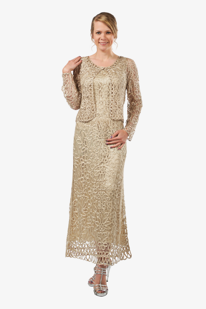 Soulmates C12016 Beaded Silk Lace 2-Piece Maxi Dress - Champagne