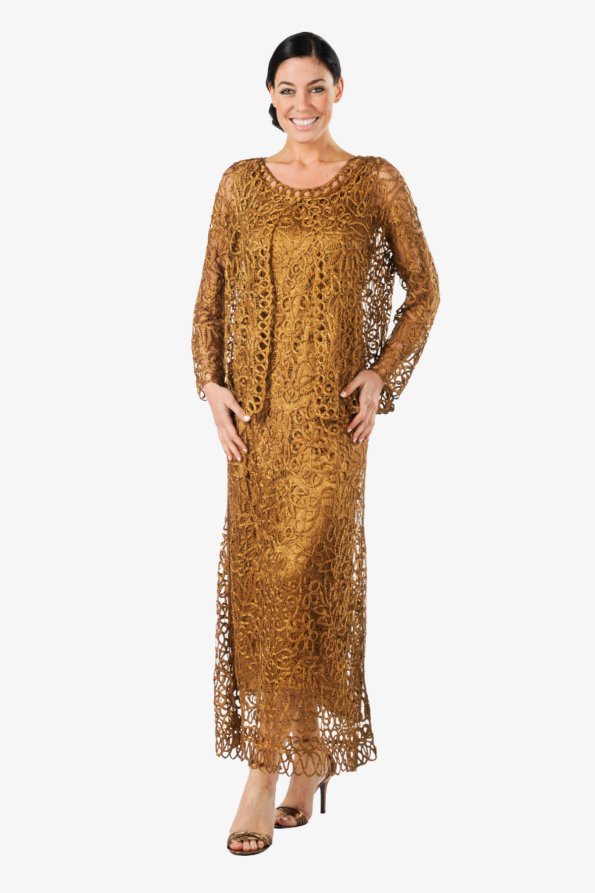 Soulmates C12016 Beaded Silk Lace 2-Piece Maxi Dress - Copper