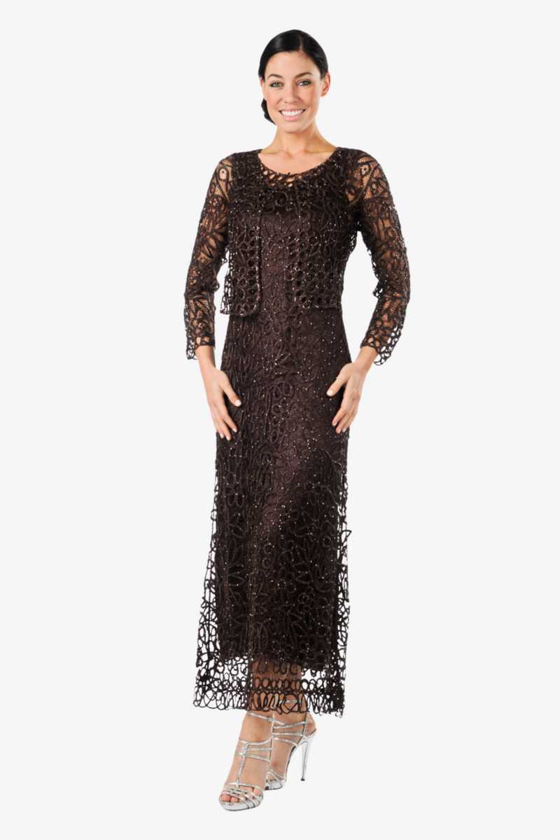 Soulmates C12016 Beaded Silk Lace 2-Piece Maxi Dress - Espresso